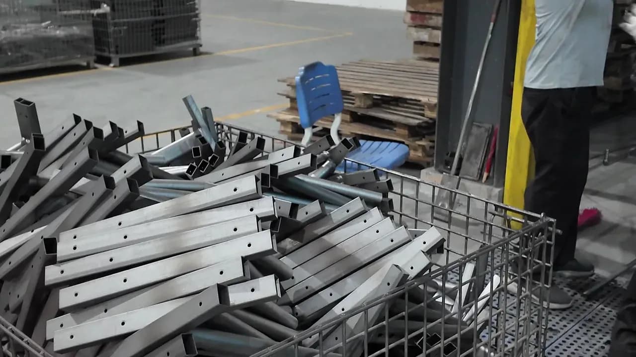 Helle Stahlbauteile, nach der Oberflächenreinigung im Werk von Yuzhen Furniture in einem Transferkorb sortiert