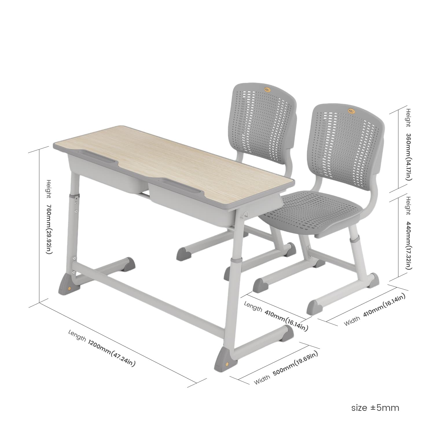 Temporary dimension view of the TS-101 double student desk and chairs Height Adjustable School Double Desk product size view