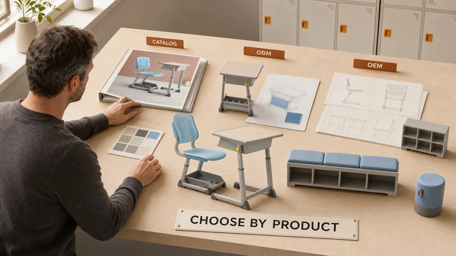 Projektwege für Schulmöbel über OEM und ODM Projektexperte vergleicht Katalog-, ODM- und OEM-Einstiegspakete neben Produktmodellen für Schulmöbel