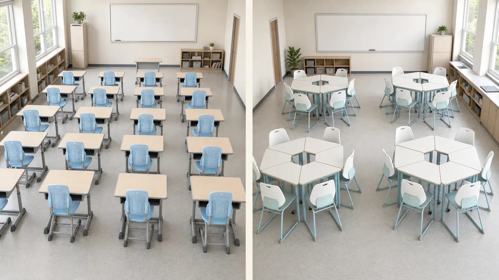 Auswahlhilfe Schulmöbel: Klassenzimmer-Szenarien Vergleich aus der Vogelperspektive: ein vollständig mit Einzeltischen ausgestattetes Klassenzimmer und ein vollständig mit vier Kombinationstisch-Gruppen ausgestattetes Klassenzimmer