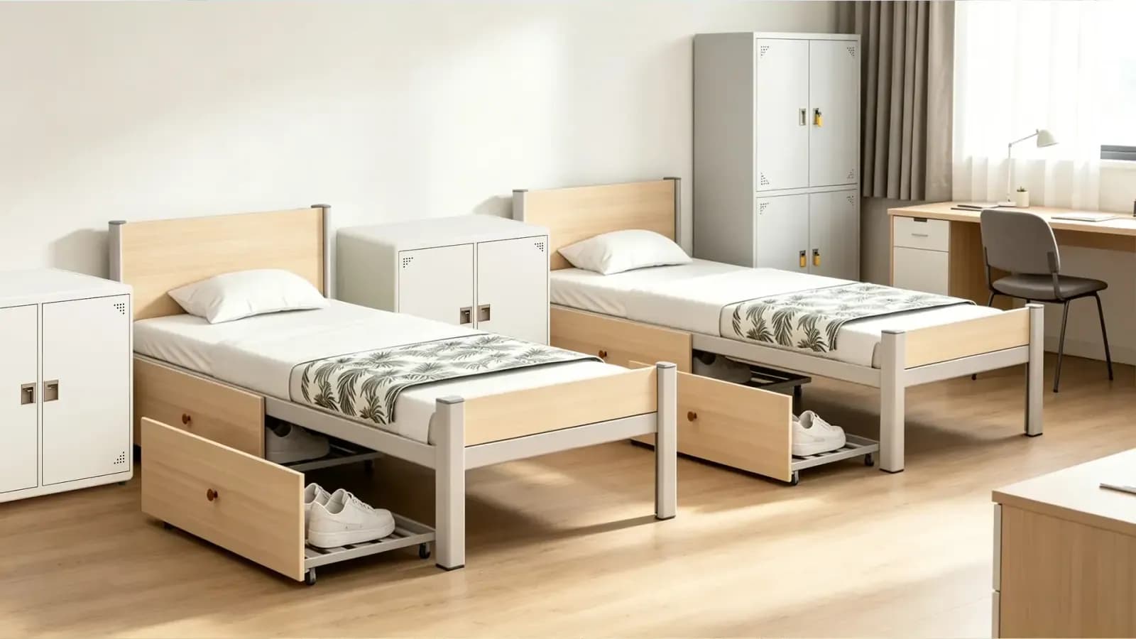 Single student apartment bed with integrated study and storage space Single student apartment bed with integrated study and storage space