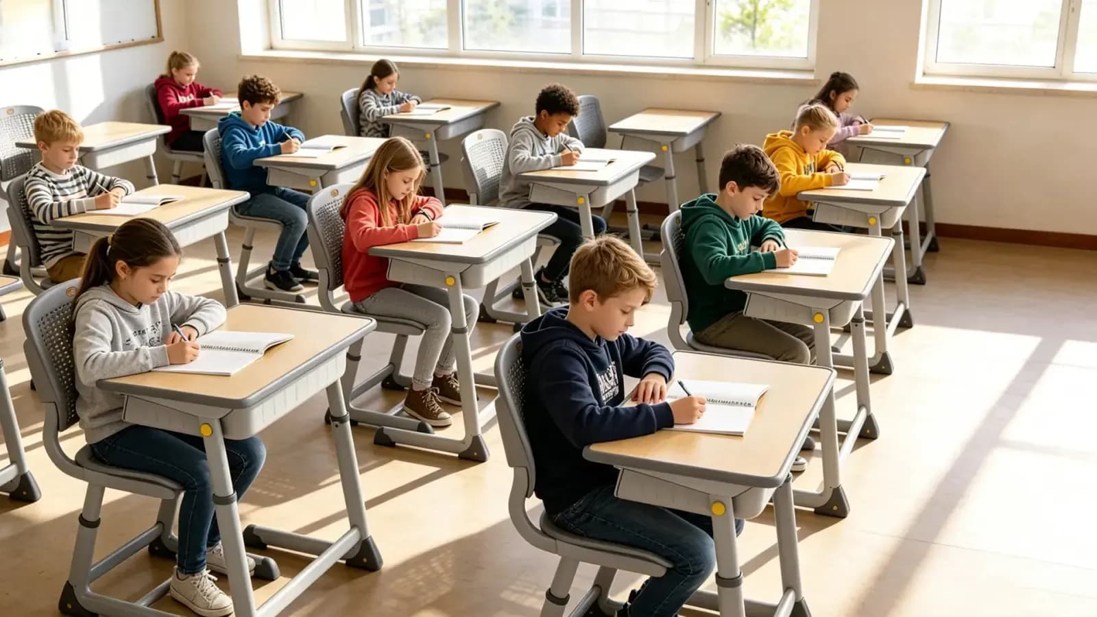 Student desks and chairs planned for a standard classroom Student desks and chairs planned for a standard classroom
