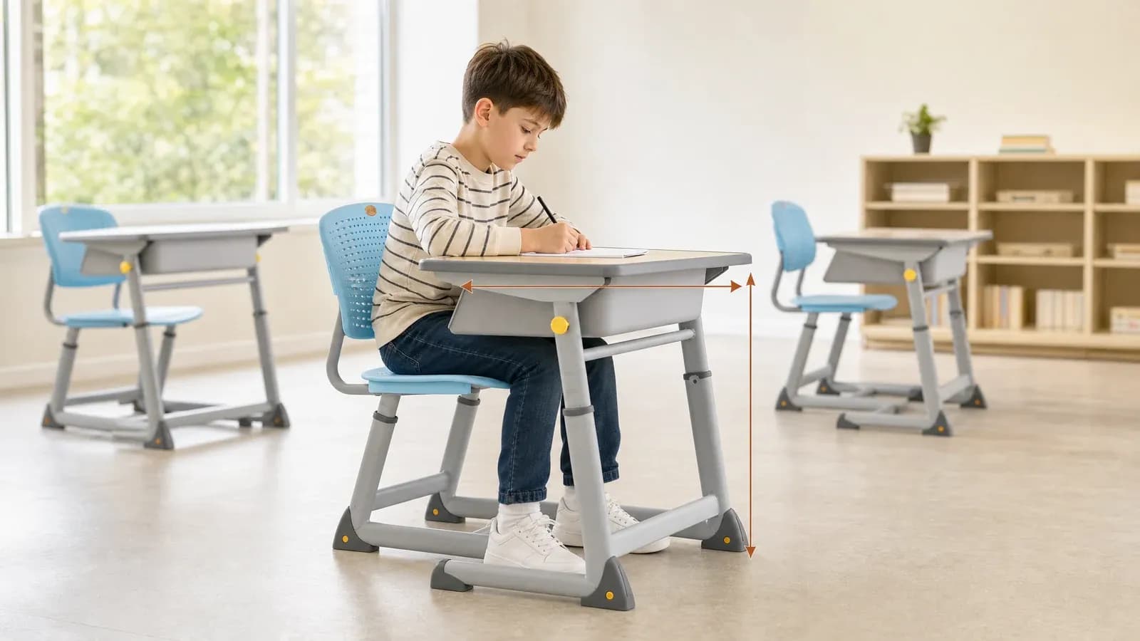 Schülertischmaße und Leitfaden für Schreibtisch-Stuhl-Größen Schüler schreibt an einem Schultisch mit eingezeichneten Messrichtungen für Tischbreite und Tischplattenhöhe